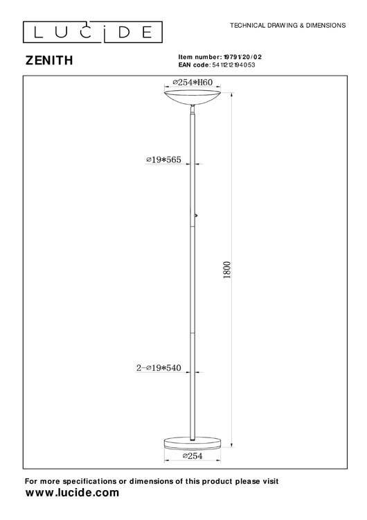 Lucide ZENITH - Lampadaire - LED Dim. - 1x20W 3000K - Or Mat / Laiton