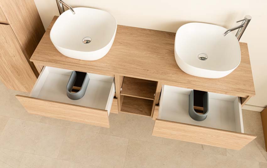 Meuble de salle de bains Bella chêne suspendu avec double vasque à poser blanc mat 150cm