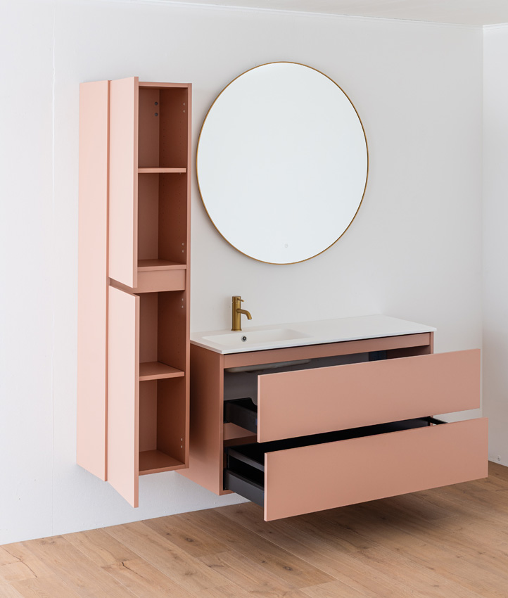 Badkamermeubel Dotan abrikoos hangend met enkele wastafel links mat wit 120cm