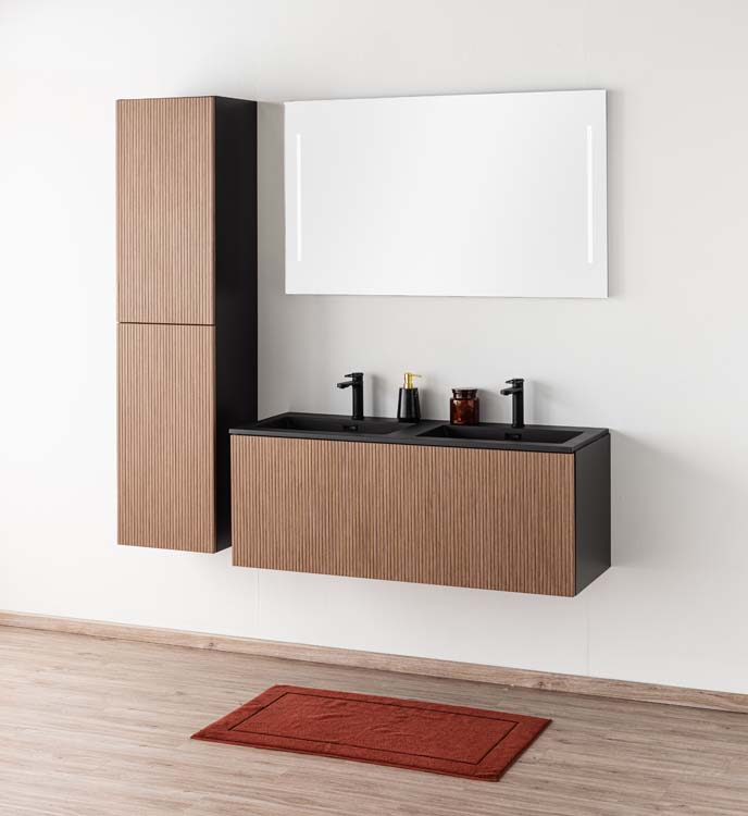 Badkamermeubel Dorian notelaar hangend met dubbele wastafel mat zwart 120cm