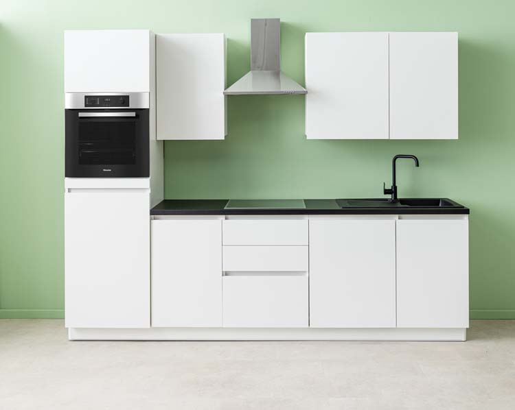 Cuisine Plenti blanche/noire 280cm - tiroirs - avec appareils - plaque de cuisson vitrocéramique et hotte murale en inox
