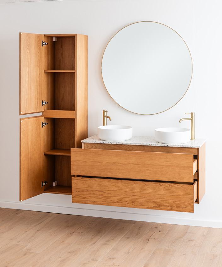 Badkamermeubel Fior eik hangend met dubbel topblad terrazzo 120cm