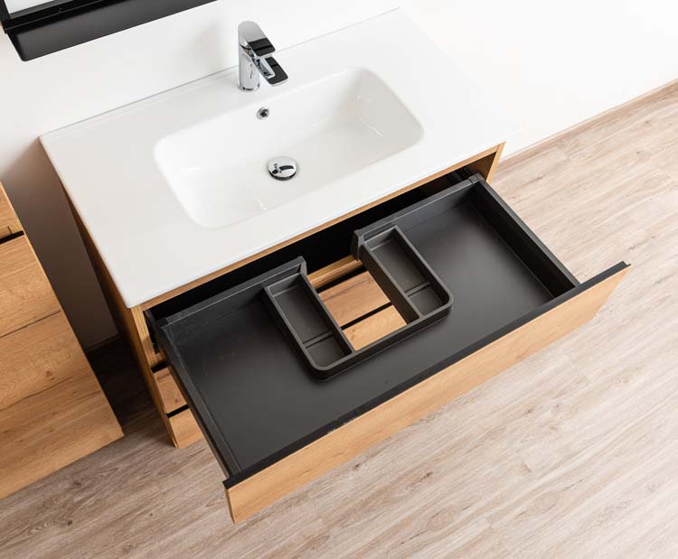 Meuble de salle de bain Daria chêne brun doré 900 mm sur pied lavabo porcelaine brillant