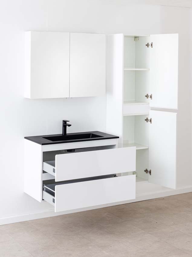 Badkamermeubel Tibo wit met enkele wastafel mat zwart 90cm