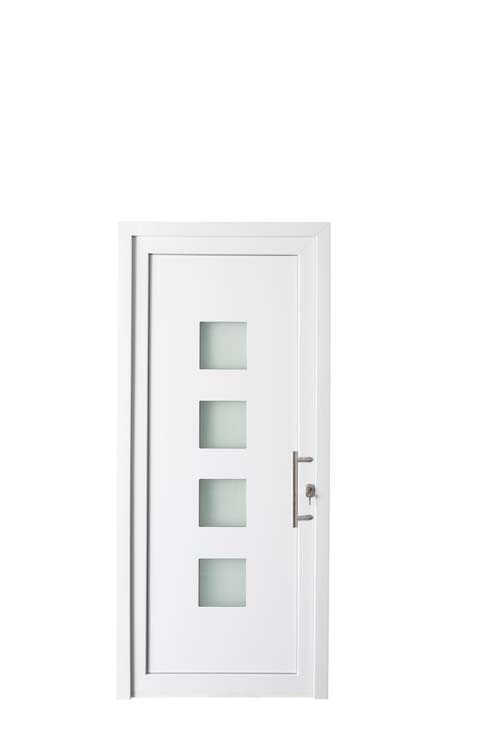 Porte extérieure 4 carrés PVC verre mat blanc 980x2180mm ouvrant à droite