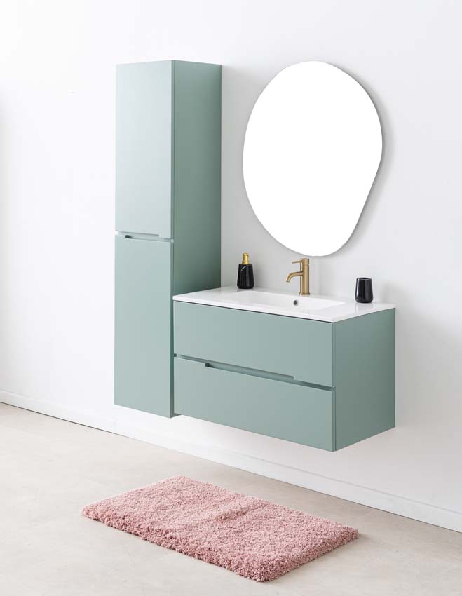 Meuble de salle de bains Truman vert gris suspendu avec lavabo simple blanc brillant 90cm