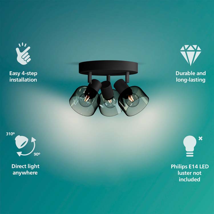 Opbouwspot - glas kort - Ø21.1cm - dimbaar - E14 - 3x25W - excl lamp - zwart