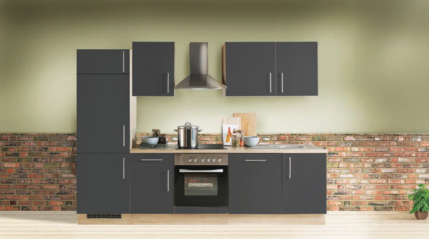 Keuken Ymir mat grijs/eik 280cm - met toestellen - vitrokeramische kookplaat en inox wanddampkap