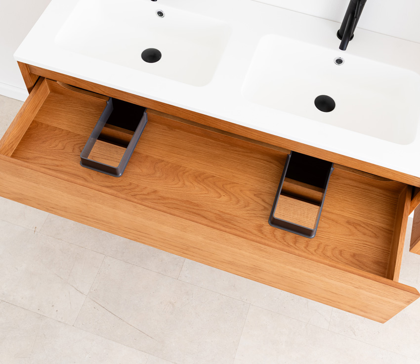 Meuble de salle de bain Fior en placage chêne suspendu avec double lavabo blanc mat 120cm