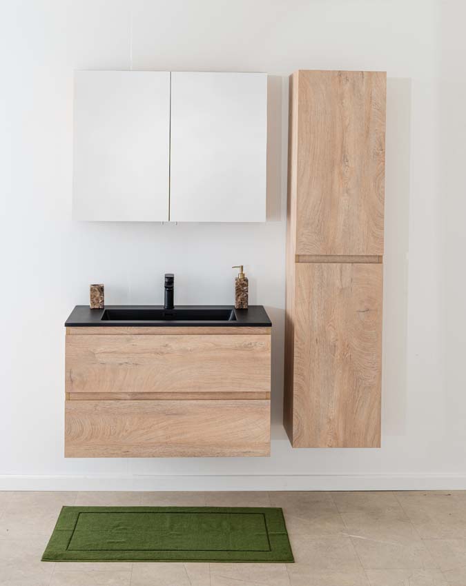 Meuble de salle de bain Tibo en chêne méditerranéen avec lavabo simple blanc noir 90cm