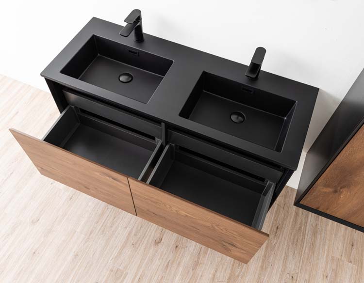 Meuble de salle de bains Justin noyer suspendu avec lavabo double noir mat 120cm