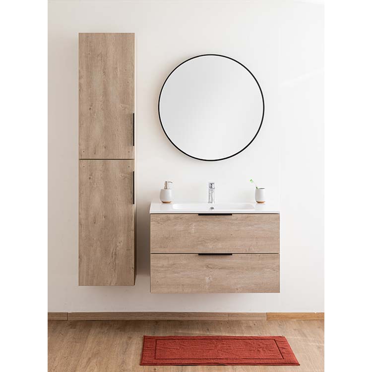 Badkamermeubel Plato eik betonlook hangend met enkele wastafel glanzend wit 90cm