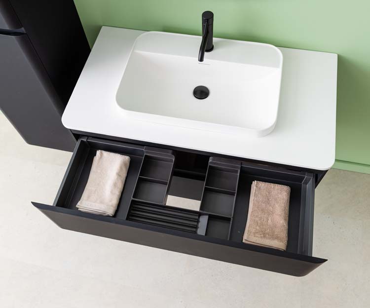 Badkamermeubel Ames mat zwart hangend met opbouwkom mat wit 110cm