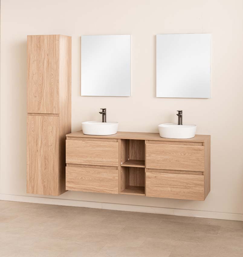 Meuble de salle de bain Bella aspect chêne 1500 mm lavabo double blanc avec  trous pour robinets