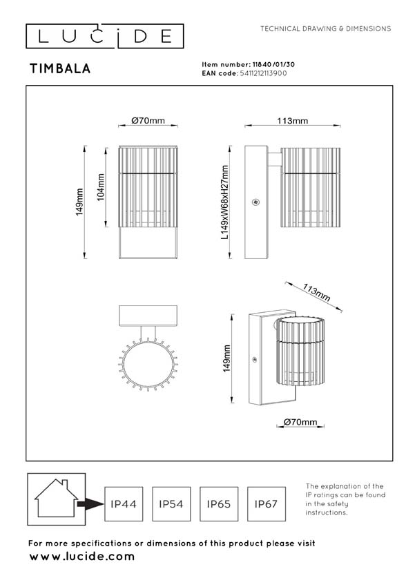 Lucide Essential Timbala - Spot mural / applique intérieur/extérieur - 1xGU10 - IP44 - Noir