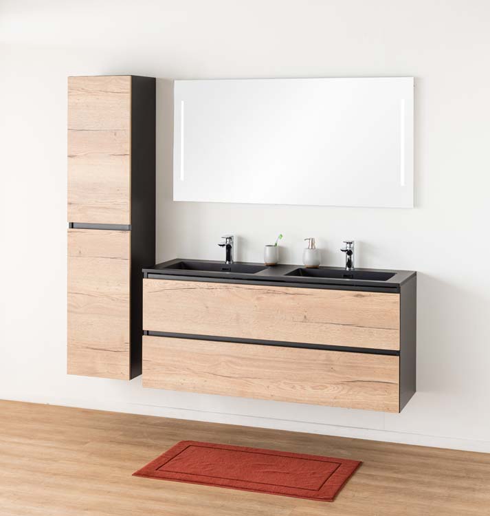 Badkamermeubel Dotan eik hangend met dubbele wastafel mat zwart 140cm