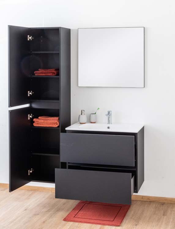 Meuble de salle de bains Puro noir mat suspendu avec lavabo simple blanc brillant 80cm