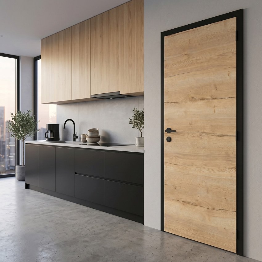 Complete binnendeur Nature Wood eik 201,5x78cm tubespaan horizontaal omkeerbaar + zwarte deurkast 16,5cm