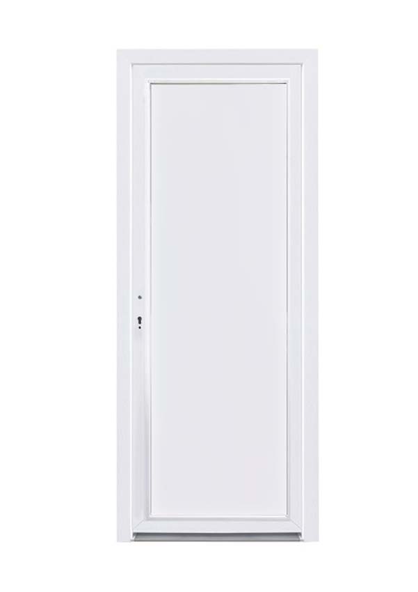 Buitendeur vlak paneel PVC wit linkstrekkend naar buiten opendraaiend op maat Buitendeur vlak paneel PVC wit linkstrekkend naar buiten opendraaiend op maat