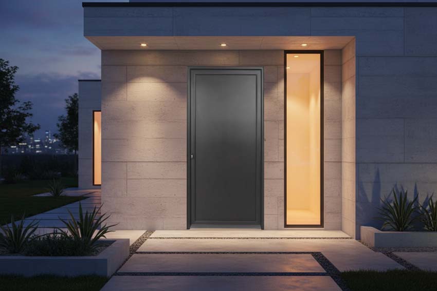 Porte extérieure Tavira en aluminium panneau plat noir sur mesure poussant à droite