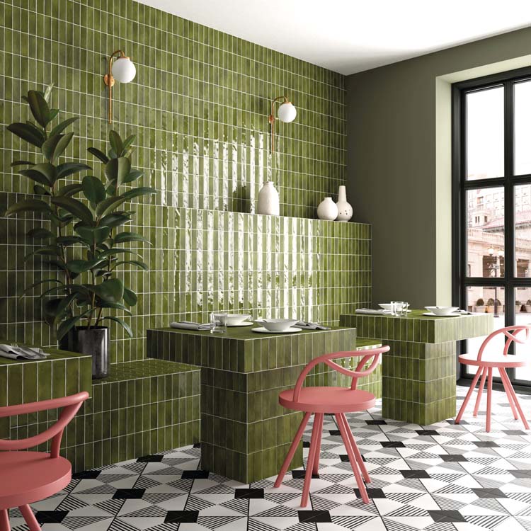 Carrelage mural Nono Verd brillant vert olive 5x15cm