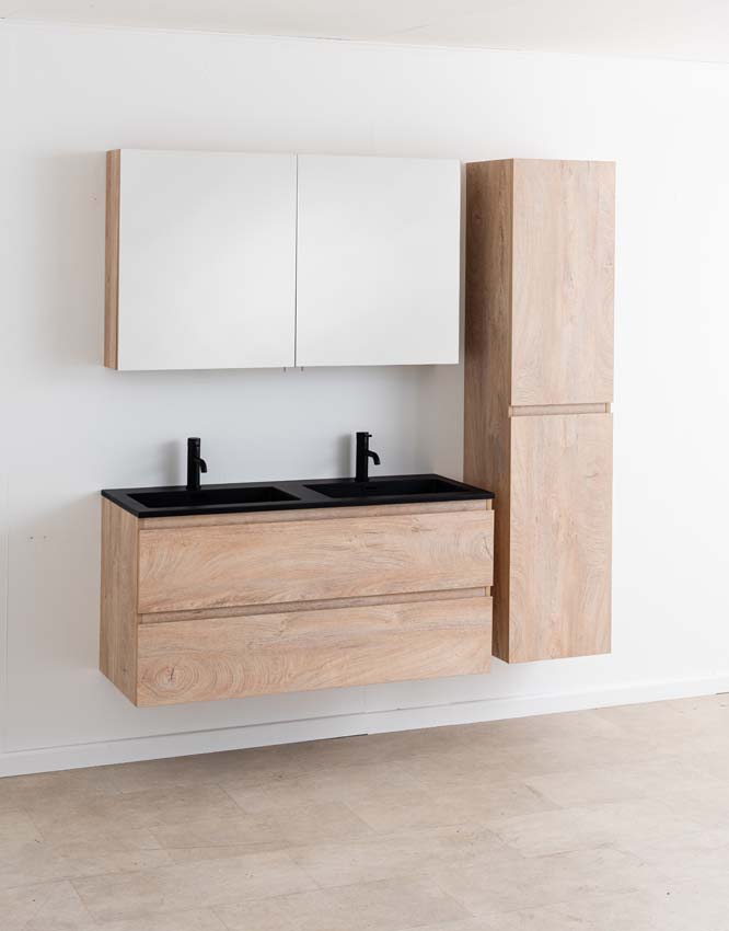 Badkamermeubel Tibo mediterraanse eik met dubbele wastafel mat zwart 120cm
