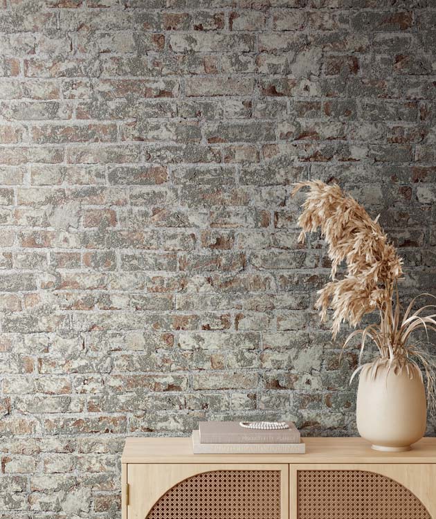 Vinyl op vliesbehang baksteen bruin/grijs 0,53x10m