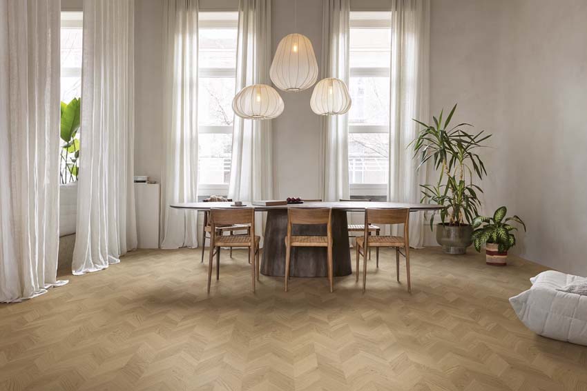 Vinyl vloer Floorify Toblerone plank 4,5mm Hongaarse punt licht eik 152,4x12,3cm