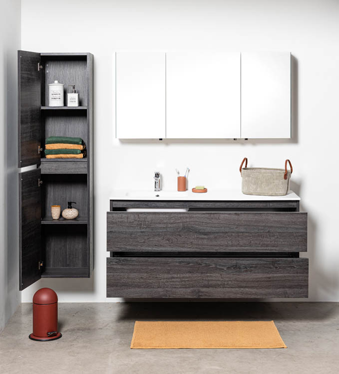 Meuble de salle de bain Dotan chêne foncé 1400 mm lavabo mat gauche