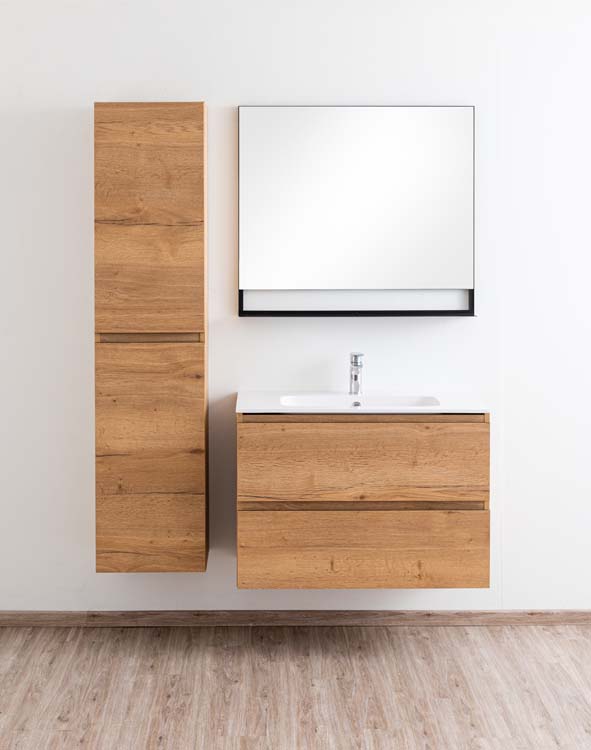 Meuble de salle de bains Daria chêne brun doré suspendu avec lavabo simple blanc brillant 90cm Meuble de salle de bains Daria chêne brun doré suspendu avec lavabo simple blanc brillant 90cm