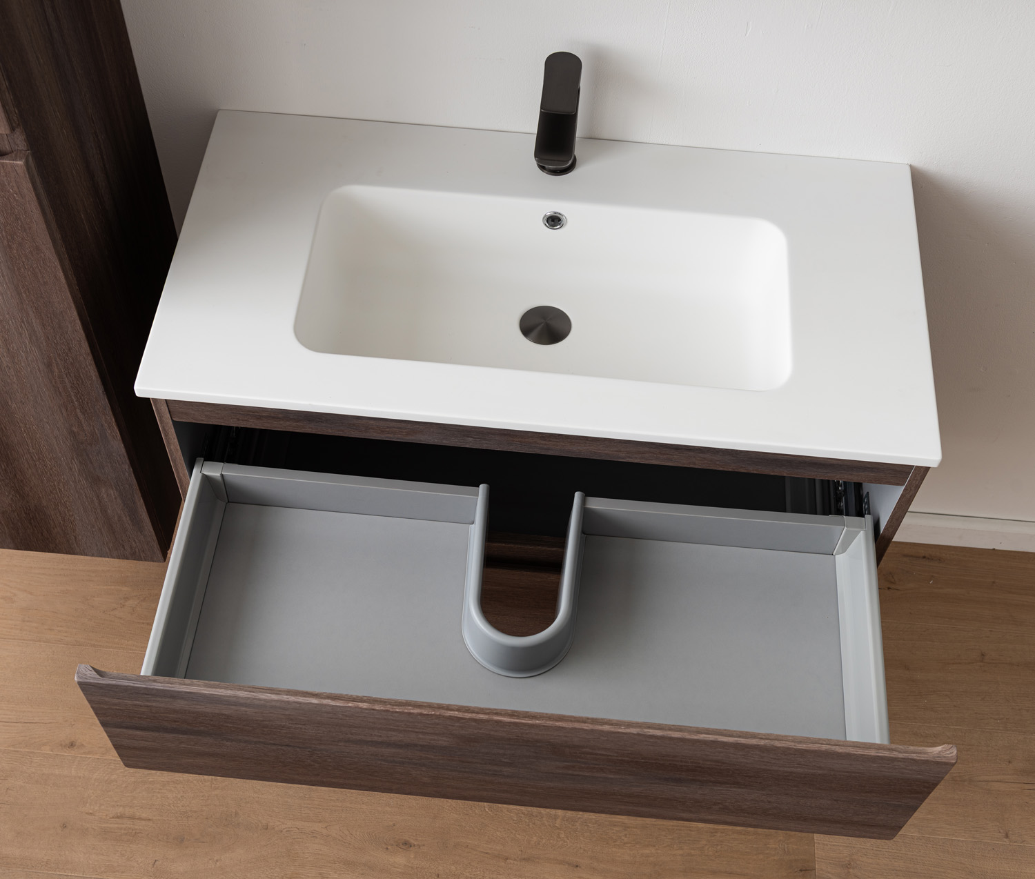 Meuble de salle de bains Tarik chêne ambré suspendu avec vasque simple blanc mat 90cm