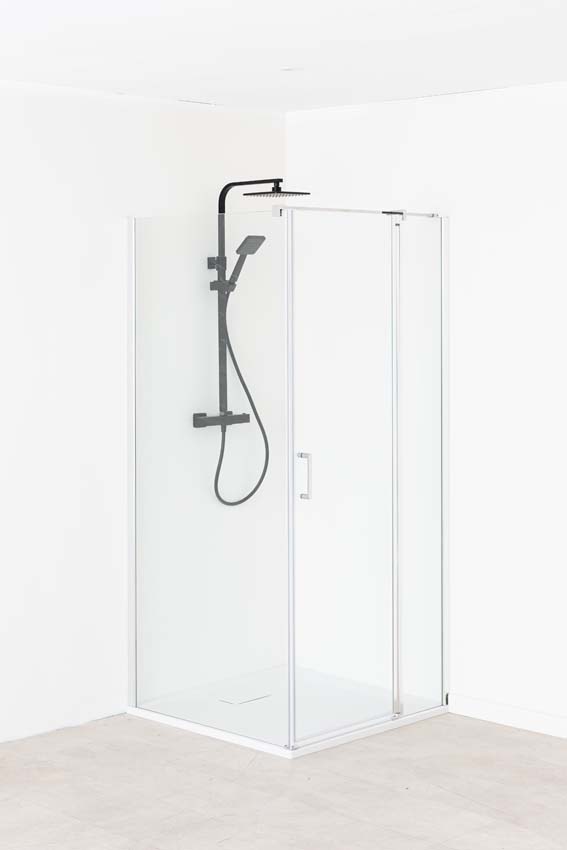 Douche en coin Alexia avec paroi fixe et porte pivotante chromé 90x90x190cm
