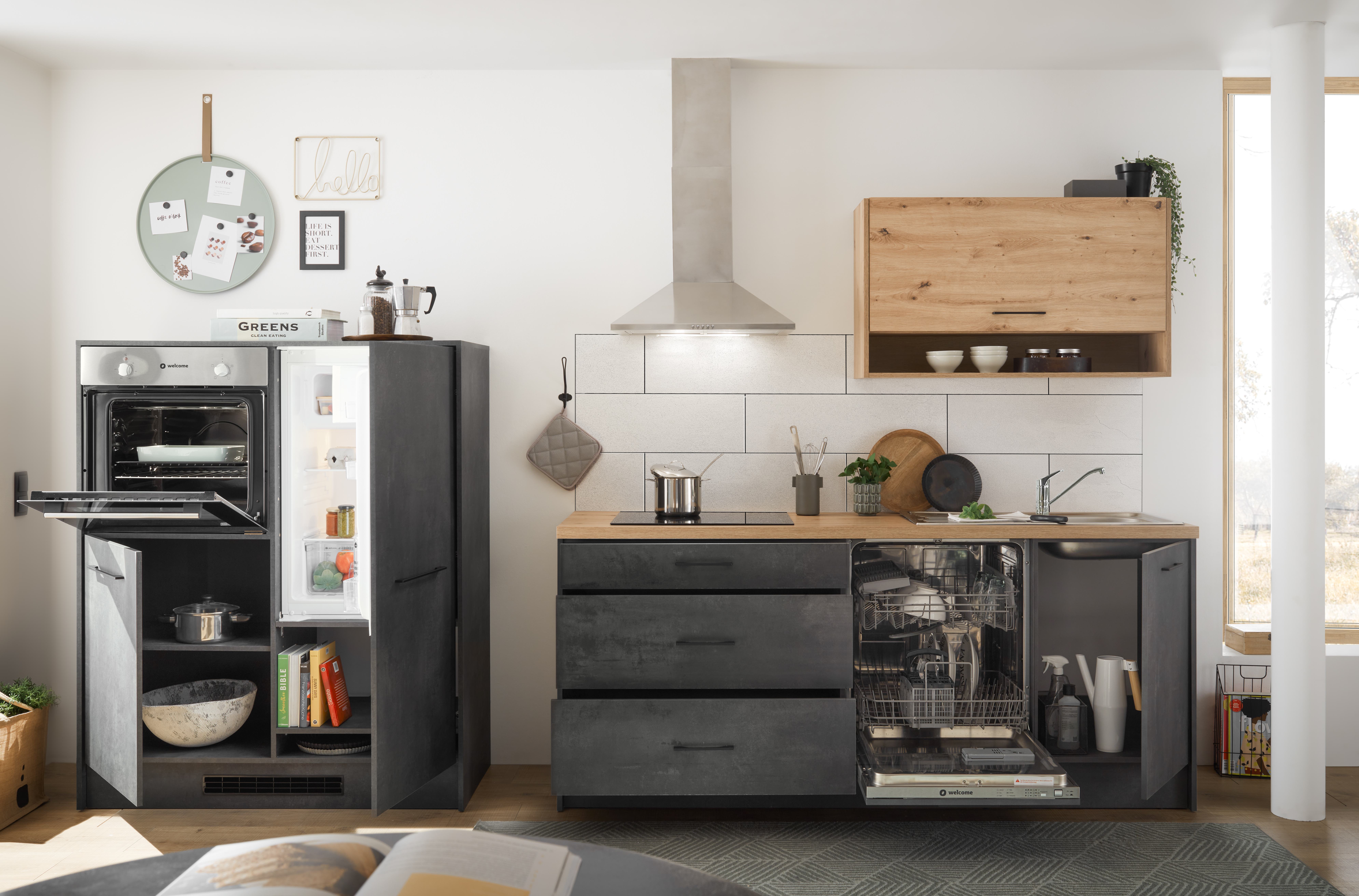 Cuisine Montréal aspect béton 326 cm - plaque de cuisson vitrocéramique et hotte murale en inox - avec appareils