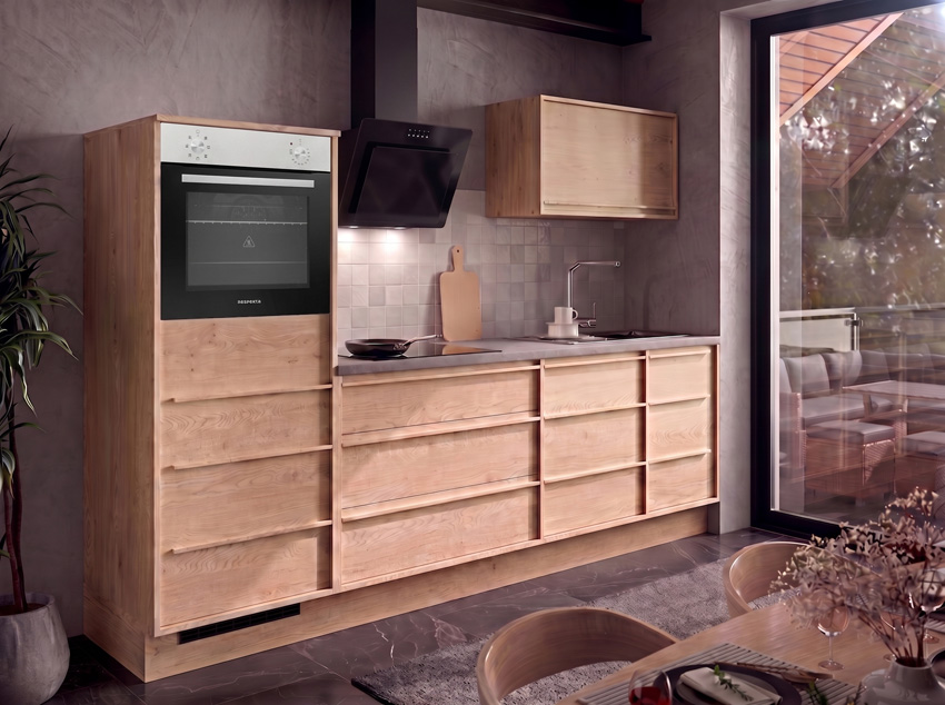 Cuisine Nara chêne 264cm - avec appareils - plaque de cuisson vitrocéramique et hotte murale noire