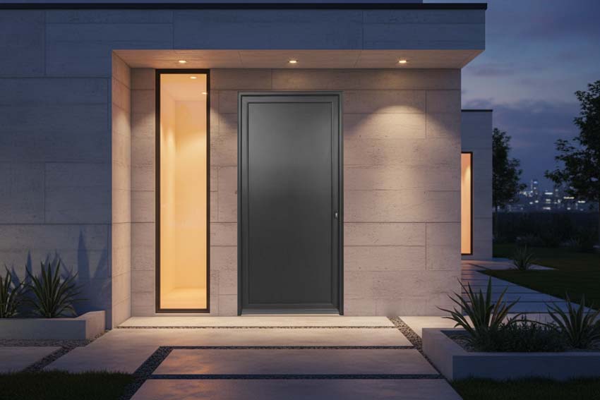 Porte extérieure Tavira en aluminium panneau plat noir sur mesure poussant à gauche