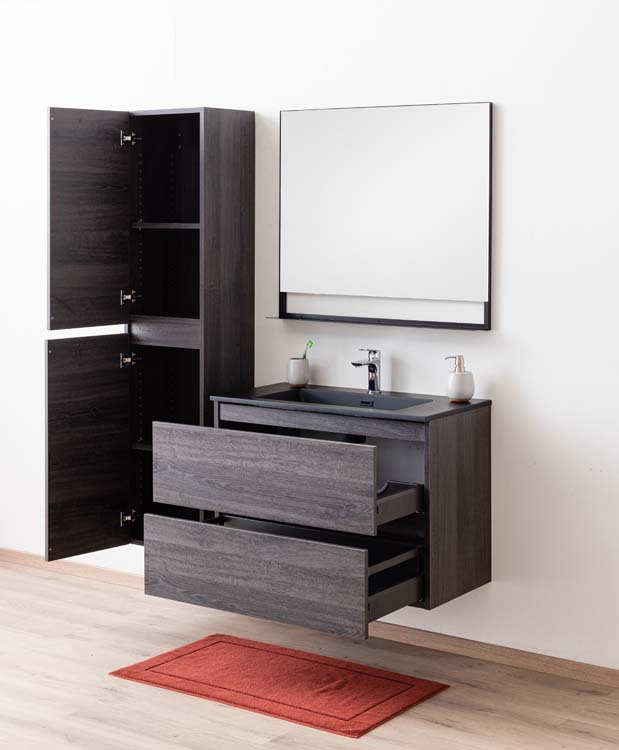 Meuble de salle de bains Dotan chêne foncé suspendu avec lavabo simple noir mat 90cm