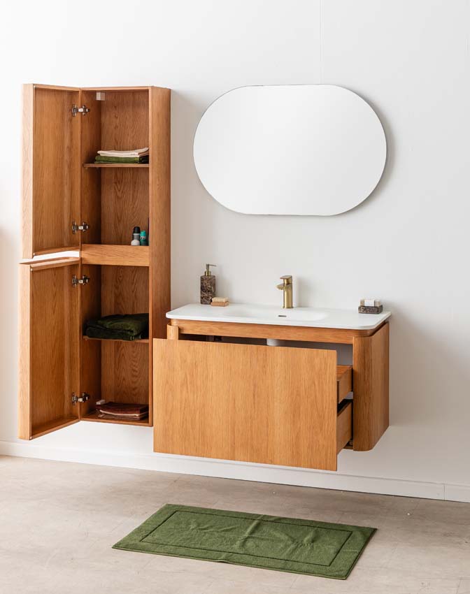 Badkamermeubel Floris eik hangend met enkele wastafel glanzend wit 100cm