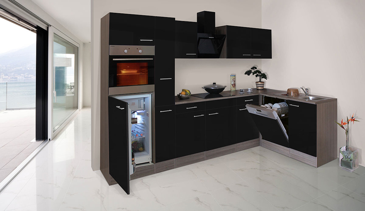 Cuisine d'angle noir/chêne foncé 310x172cm - plaque de cuisson vitrocéramique et hotte murale noire - avec appareils