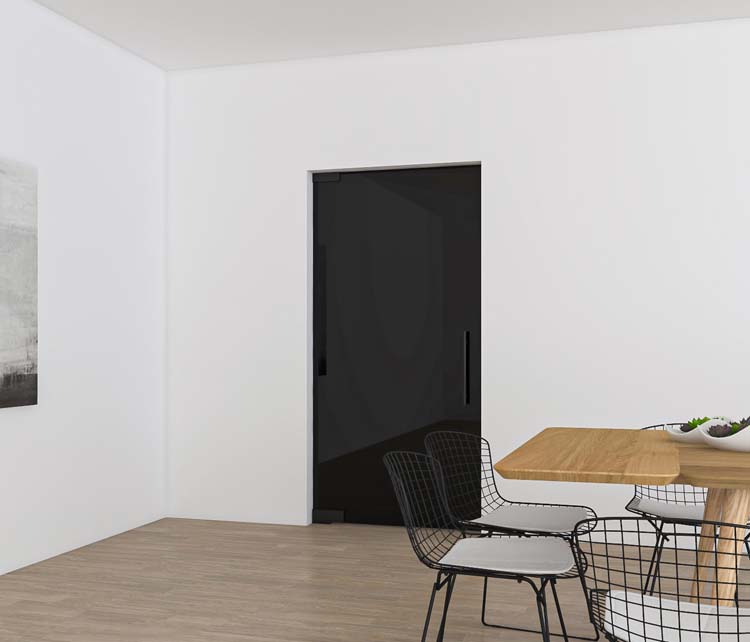 Pivoterende glazen binnendeur zwart glas op maat - pivotsysteem zwart