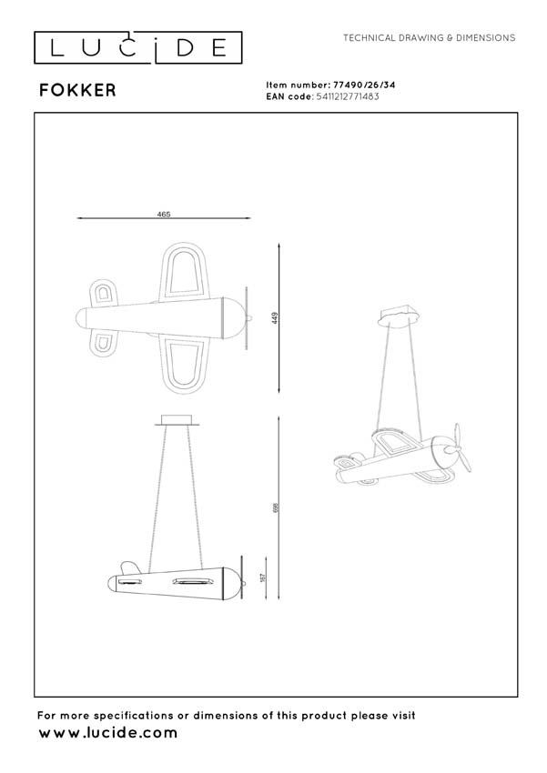 Lucide Fokker - Hanglamp kinderkamer - LED - 1x28W 2500K - Grijs ijzer
