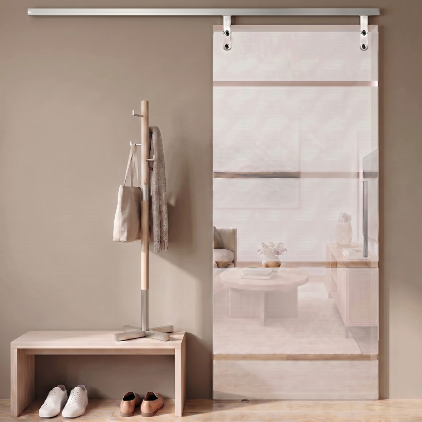 Porte coulissante vitrée complète Sky Dusk mat + 4 lignes transparentes 93x215cm poignée carrée inox + rail aluminium