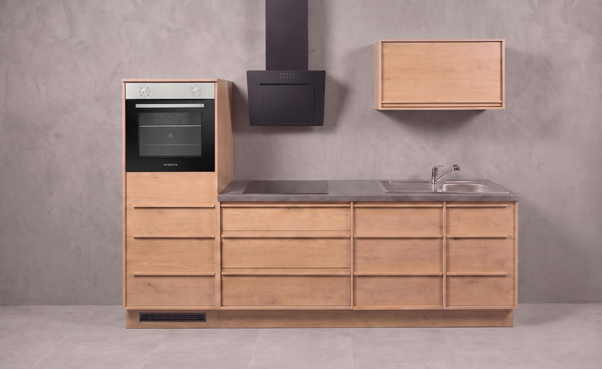 Cuisine Nara chêne 264cm - avec appareils - plaque de cuisson vitrocéramique et hotte murale noire