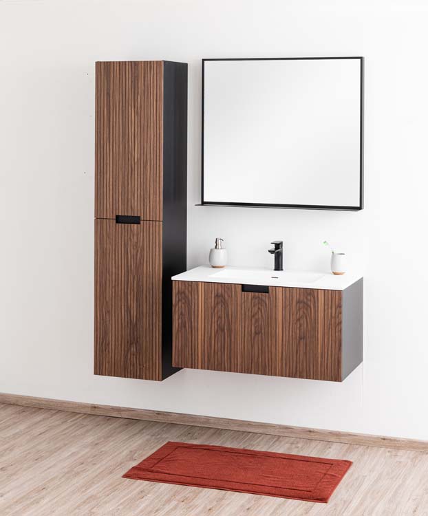 Meuble de salle de bains Willow noyer suspendu avec lavabo simple blanc mat 90cm Meuble de salle de bains Willow noyer suspendu avec lavabo simple blanc mat 90cm