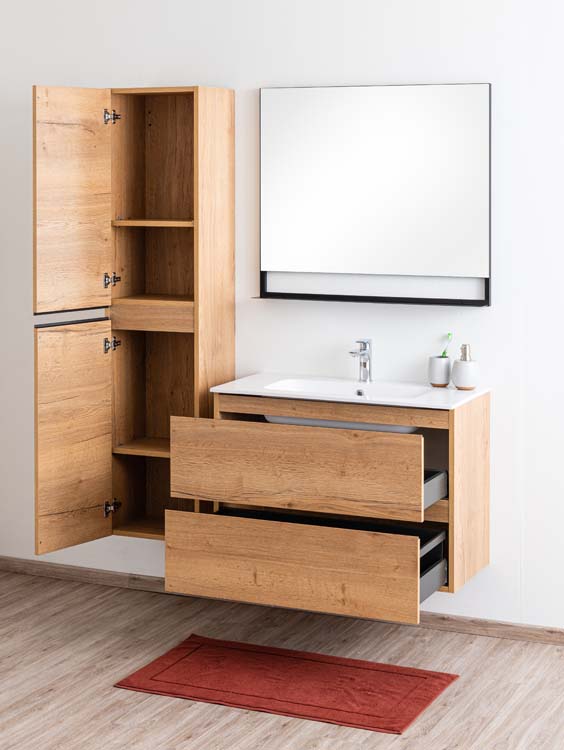 Meuble de salle de bains Daria chêne brun doré suspendu avec lavabo simple blanc brillant 90cm Meuble de salle de bains Daria chêne brun doré suspendu avec lavabo simple blanc brillant 90cm