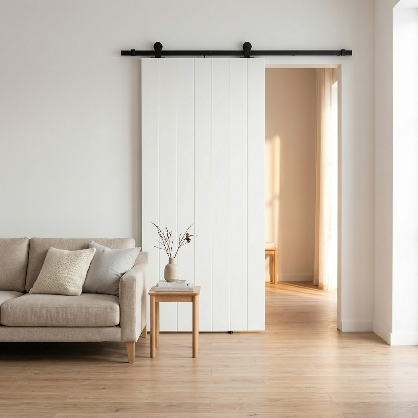 Porte coulissante simple à peindre complète Titus 93x211,5cm + rail noir antique