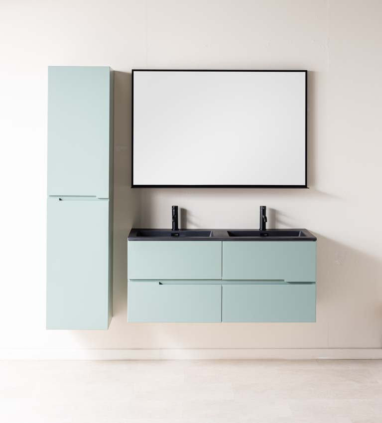 Meuble de salle de bains Truman vert gris suspendu avec lavabo double noir mat 120cm