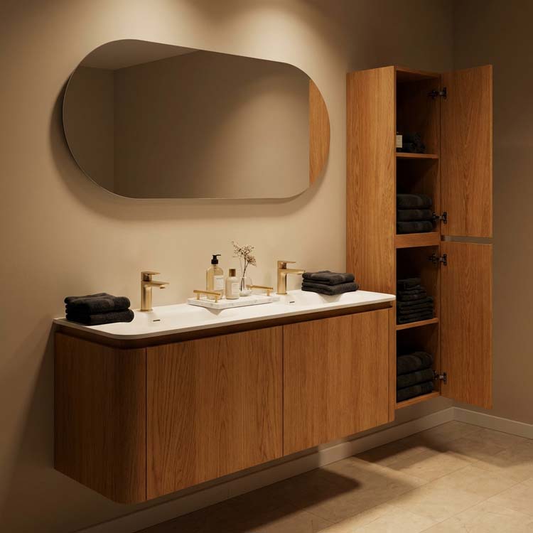 Meuble de salle de bain Floris chêne suspendu avec double vasque blanc mat 140cm