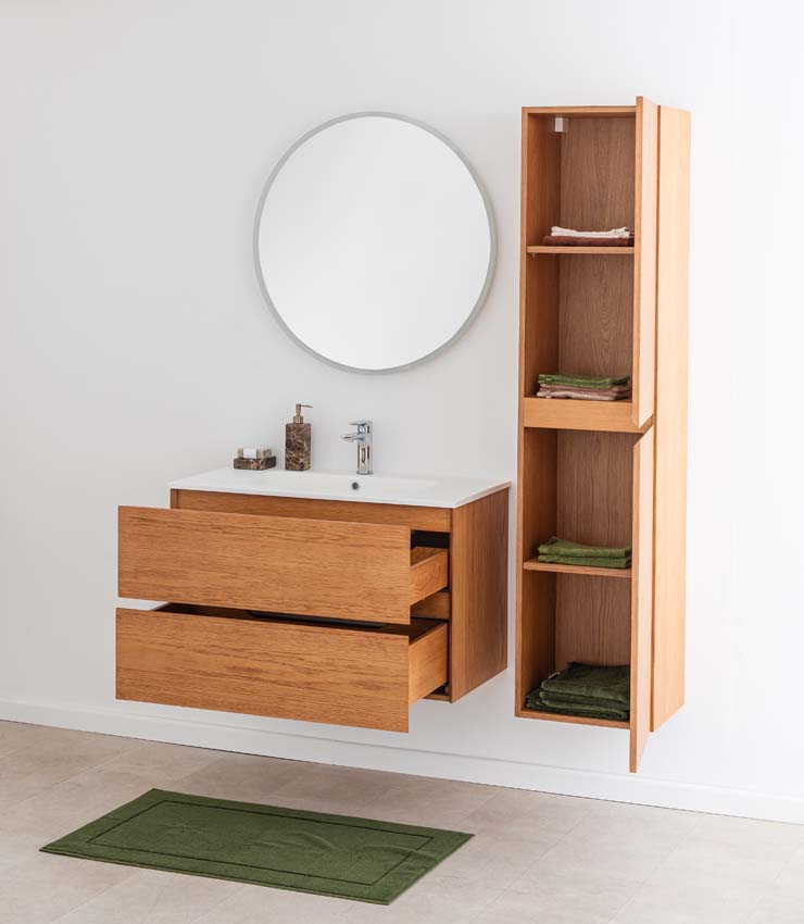 Meuble de salle de bain Fior chêne suspendu avec vasque simple blanc mat 90cm