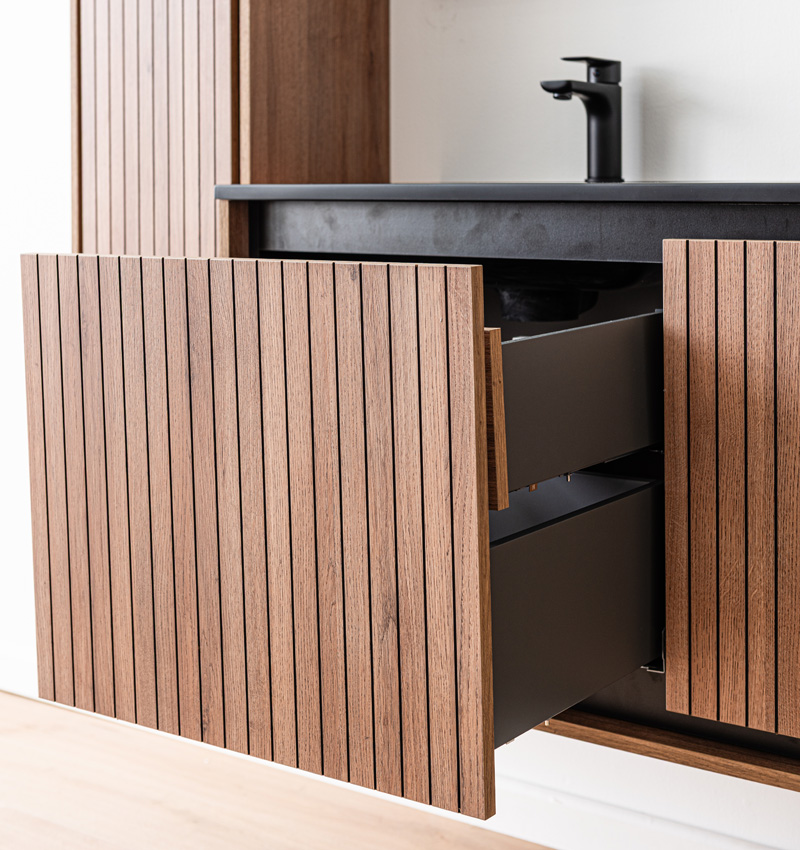 Meuble de salle de bains Toledo chêne/noir avce double lavabo noir mat 120cm