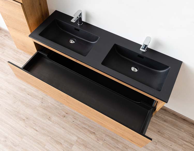 Meuble de salle de bains Daria chêne brun doré suspendu avec lavabo double noir mat 140cm